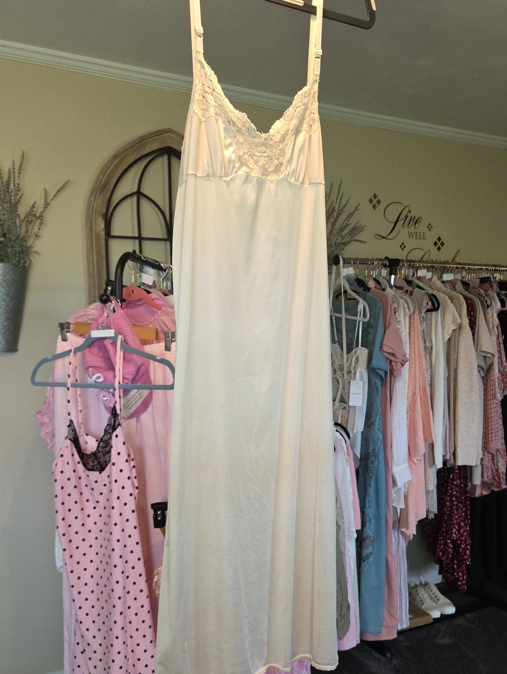 Vintage Tea Stained Ivory Lace-Trim Slip Dress for Women